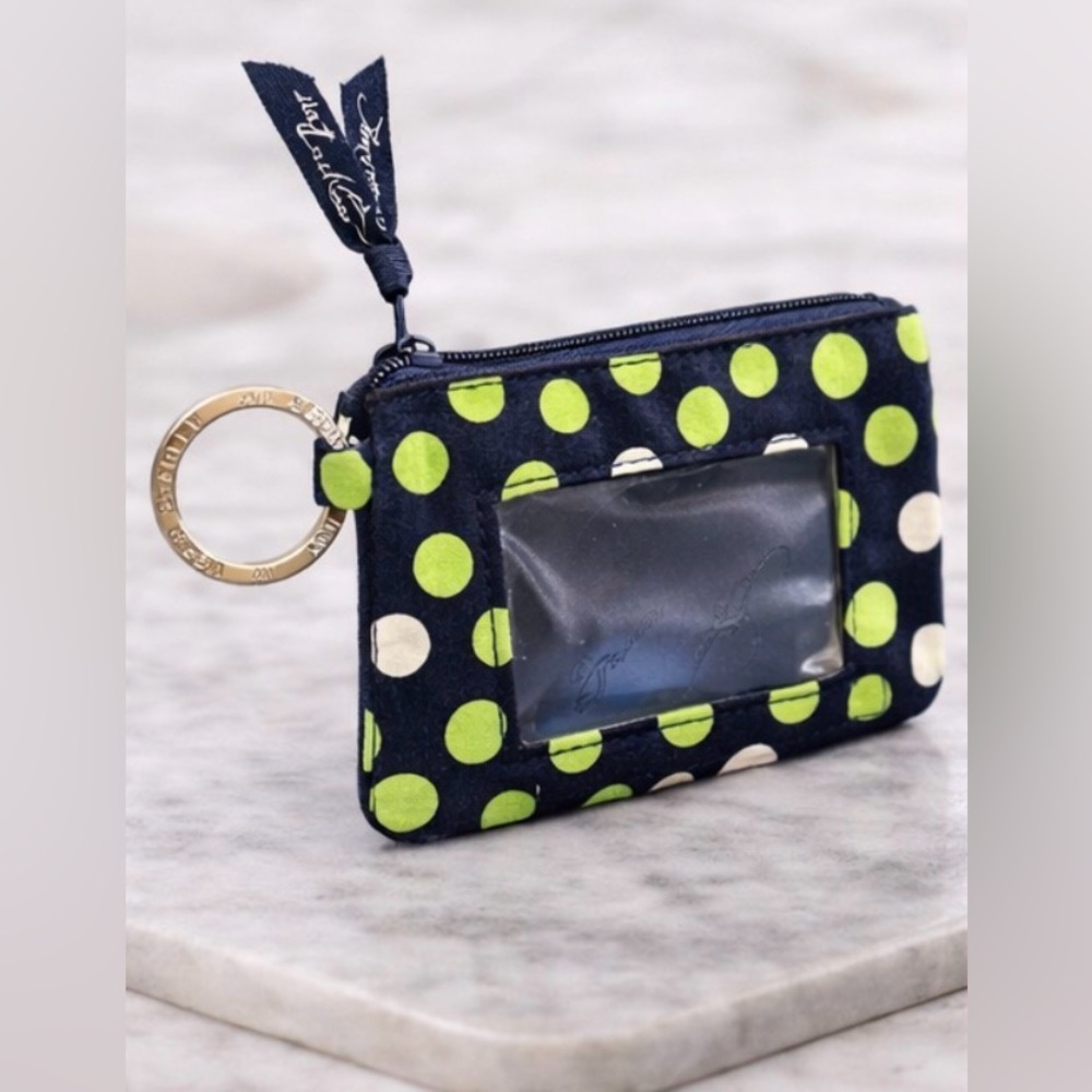 Vera Bradley Lucky Dots Zip ID Case Navy Blue Green Polka Dot Keychain Wallet